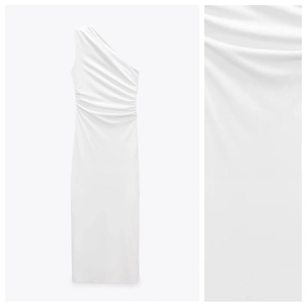 NWT. Zara White Knit Fabric Midi Dress with Asymmetric Neckline. Size XL - Picture 6 of 10